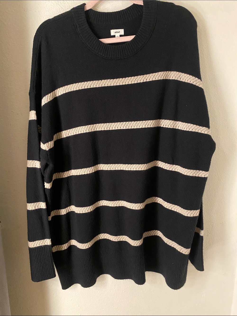 aerie Black Crewneck Sweater with Cream Stripes